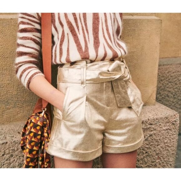 NWT Sezane Romeo Short in Golden Leather Belted Pleated Shorts 42 / 10 - Picture 1 of 8